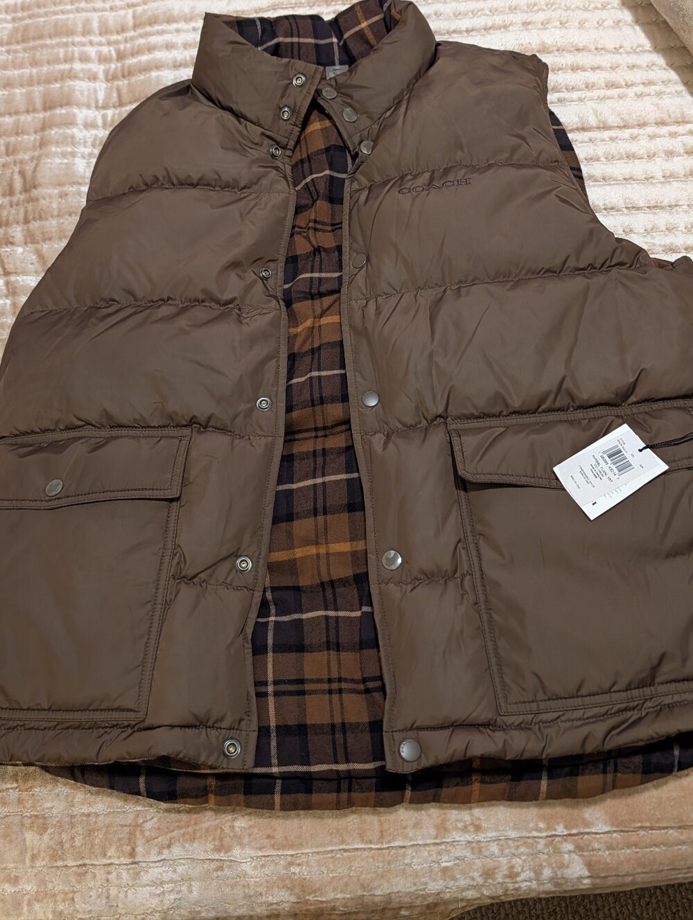 Coach Classic Men's Brown Flannel Reversible Puffer Vest New With Tags